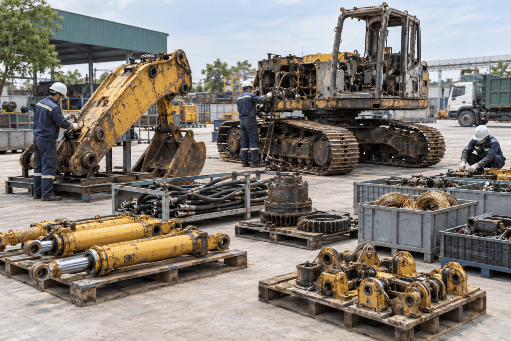 Kho phụ tùng máy xúc Develon được sắp xếp theo từng nhóm linh kiện