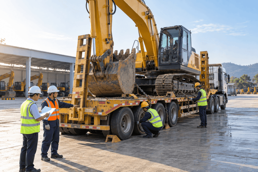Máy xúc được cố định an toàn trên xe vận chuyển tại bãi thiết bị